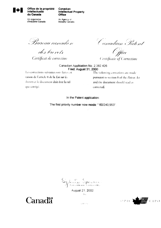 Canadian Patent Document 2382426. Cover Page 20011221. Image 2 of 2