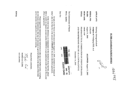 Document de brevet canadien 2382426. Correspondance 20041214. Image 1 de 1