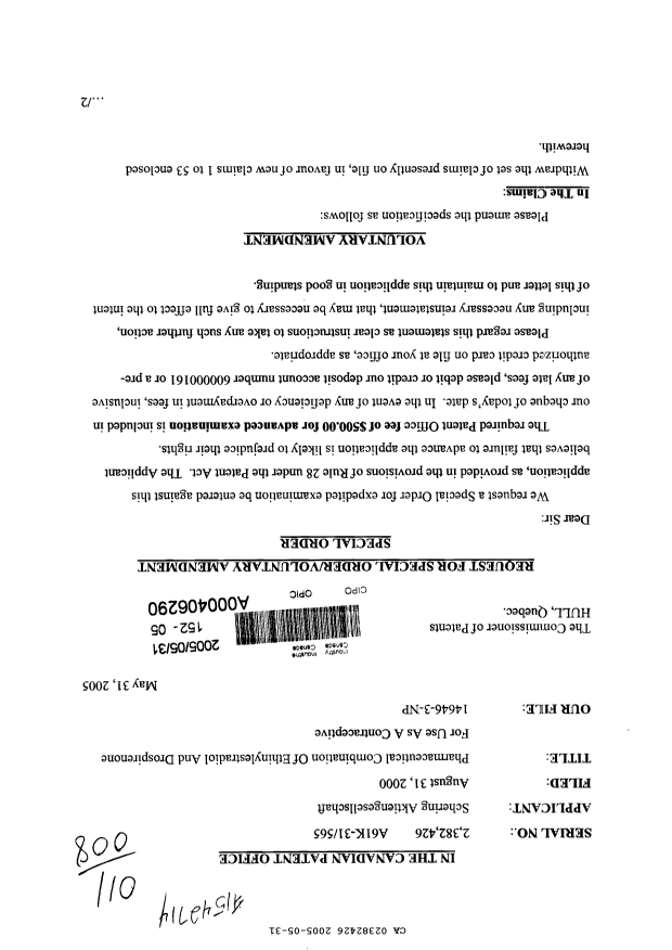 Document de brevet canadien 2382426. Poursuite-Amendment 20041231. Image 1 de 11