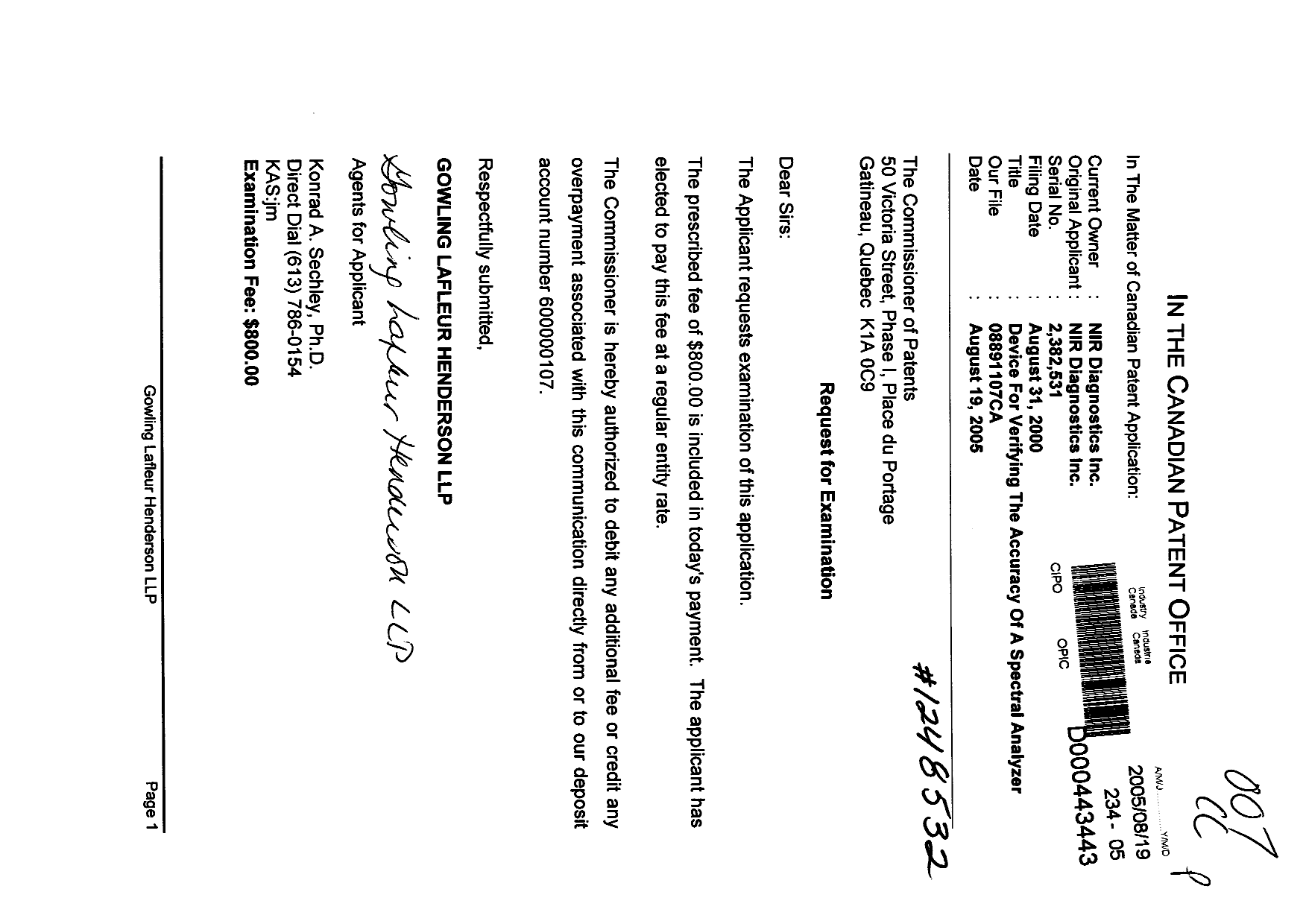 Canadian Patent Document 2382531. Prosecution-Amendment 20050819. Image 1 of 1