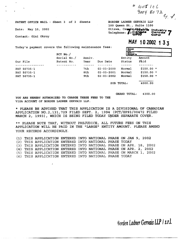 Document de brevet canadien 2382647. Taxes 20020510. Image 2 de 2