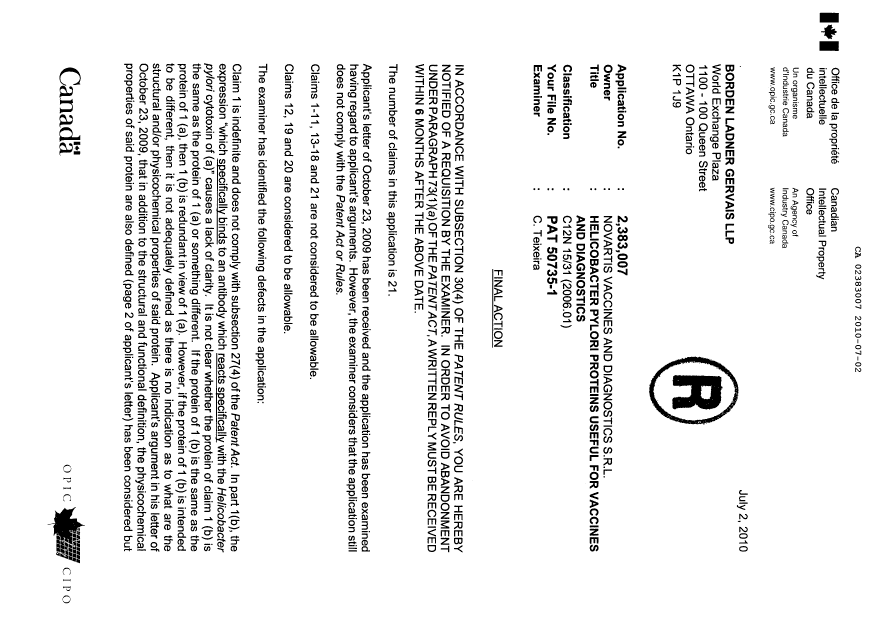 Document de brevet canadien 2383007. Poursuite-Amendment 20100702. Image 1 de 4