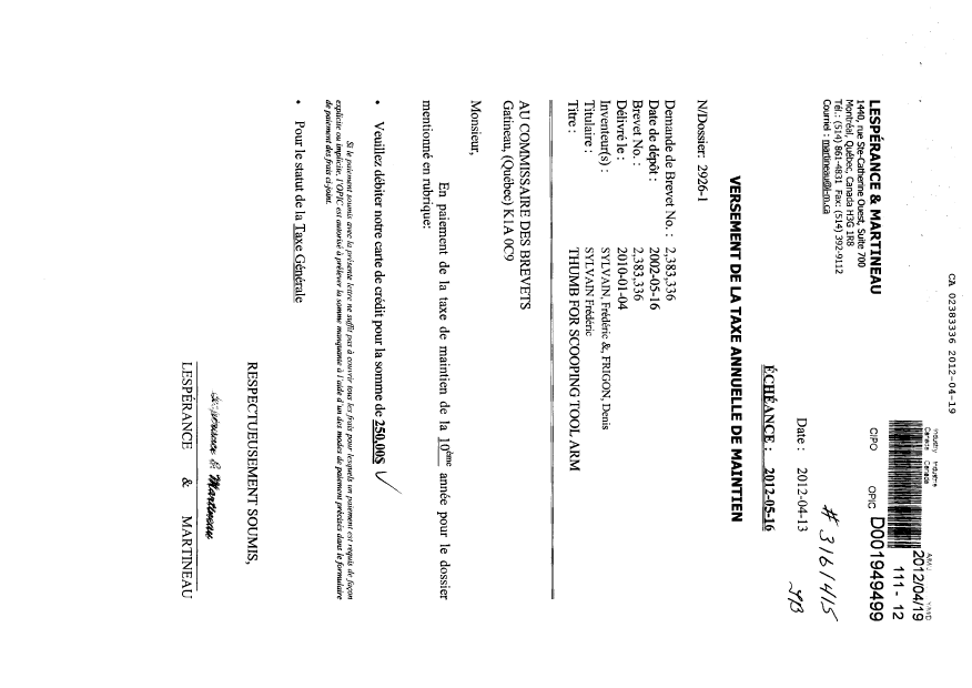 Document de brevet canadien 2383336. Taxes 20120419. Image 1 de 1
