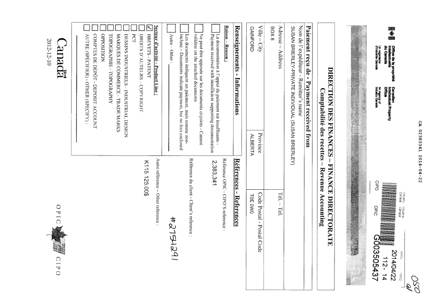 Document de brevet canadien 2383341. Taxes 20140422. Image 1 de 1