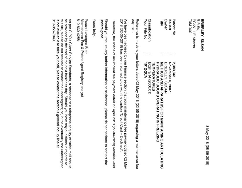 Document de brevet canadien 2383341. Lettre du bureau 20180508. Image 1 de 1