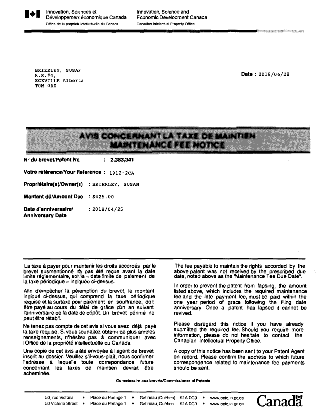 Document de brevet canadien 2383341. Courrier retourné 20180717. Image 1 de 2