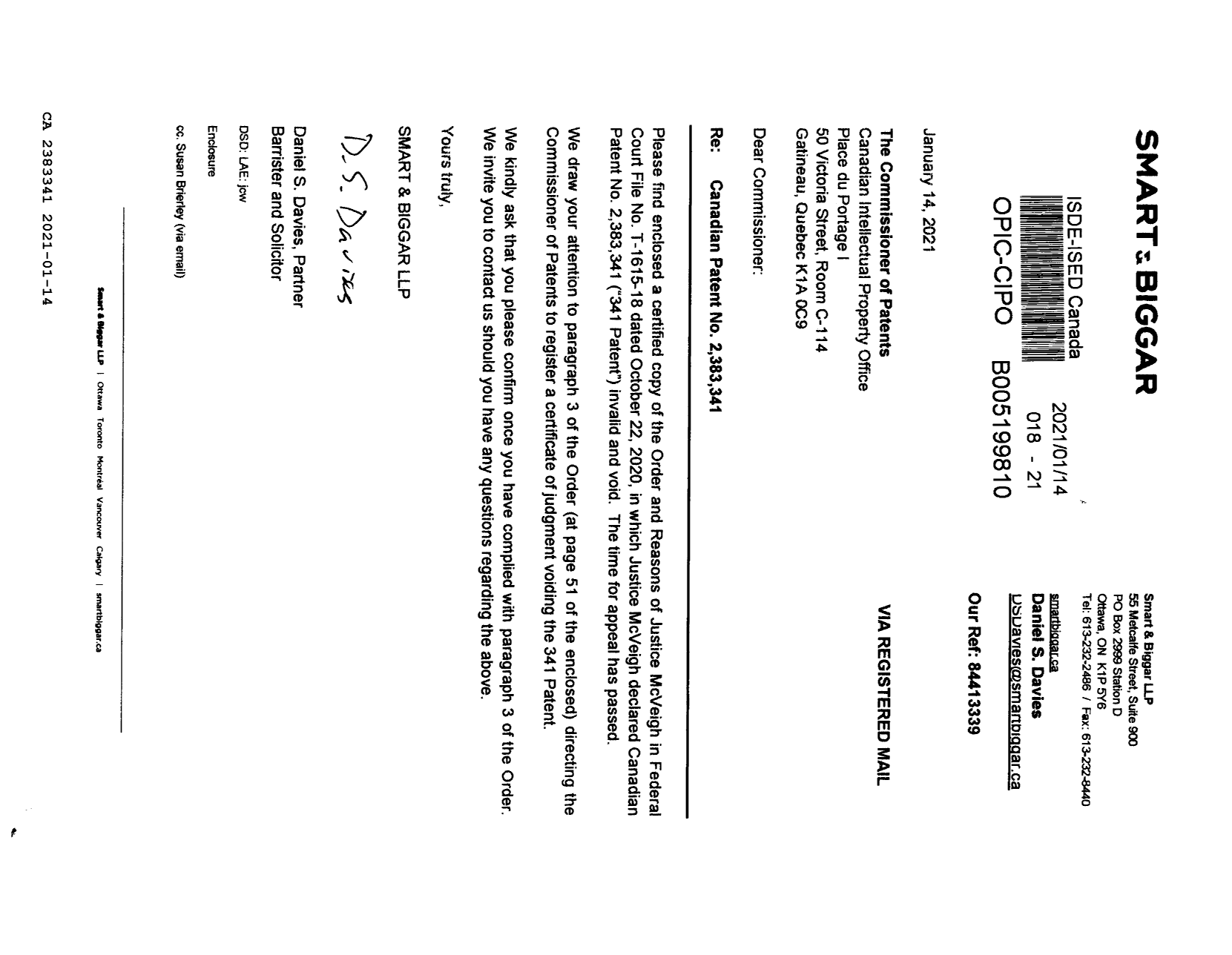 Canadian Patent Document 2383341. Correspondence Related to Formalities 20210114. Image 1 of 63