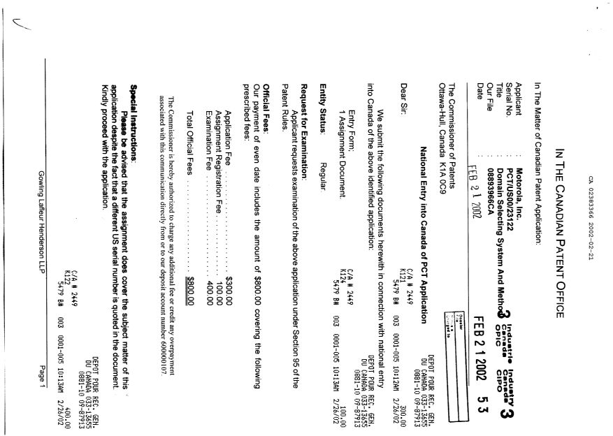 Document de brevet canadien 2383366. Cession 20020221. Image 1 de 10