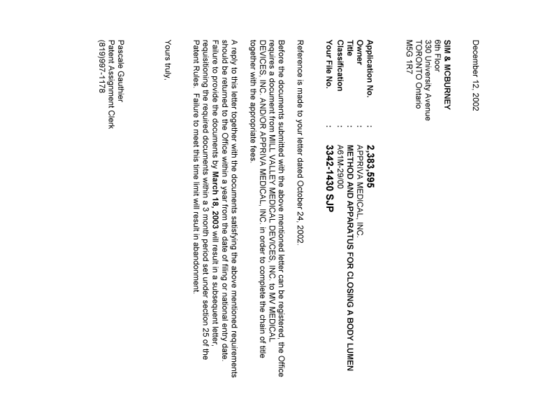 Canadian Patent Document 2383595. Correspondence 20011212. Image 1 of 1