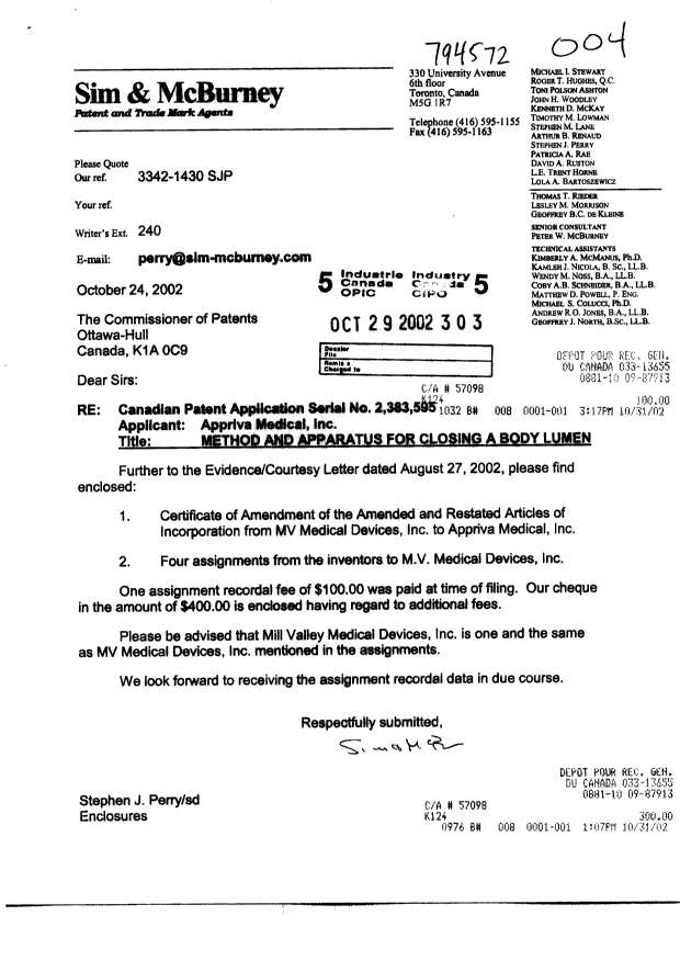 Canadian Patent Document 2383595. Assignment 20021029. Image 1 of 22