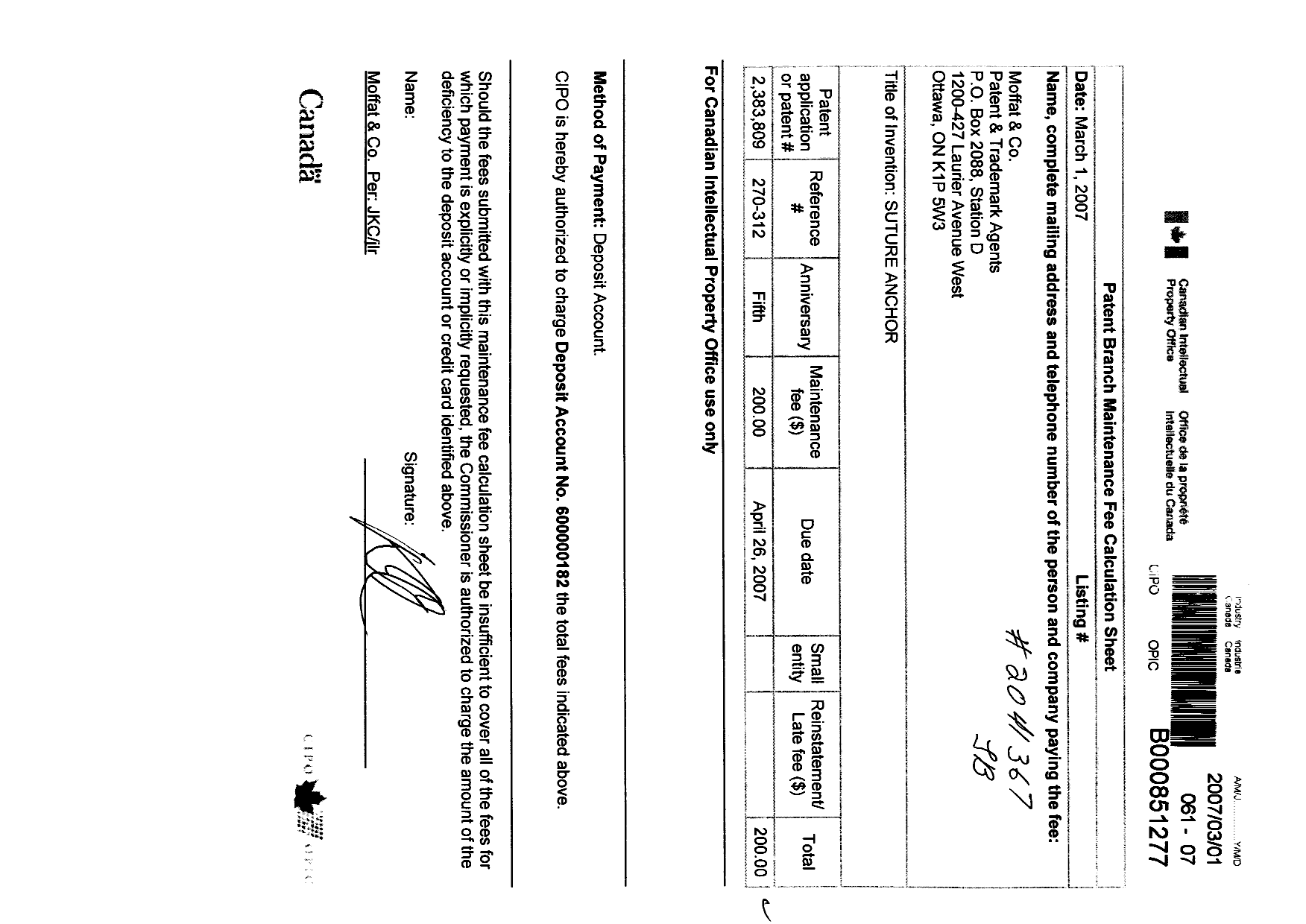 Document de brevet canadien 2383809. Taxes 20061201. Image 1 de 1