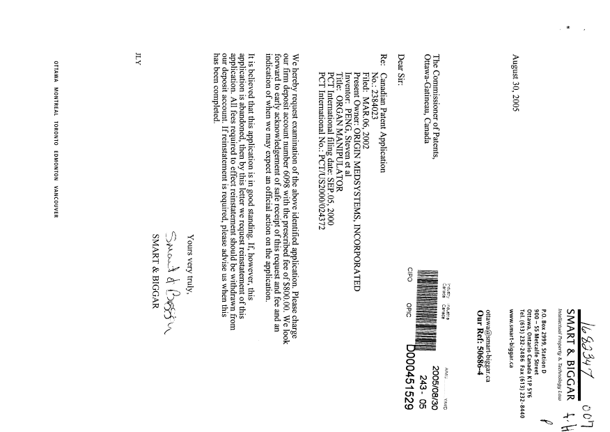 Document de brevet canadien 2384023. Poursuite-Amendment 20050830. Image 1 de 1