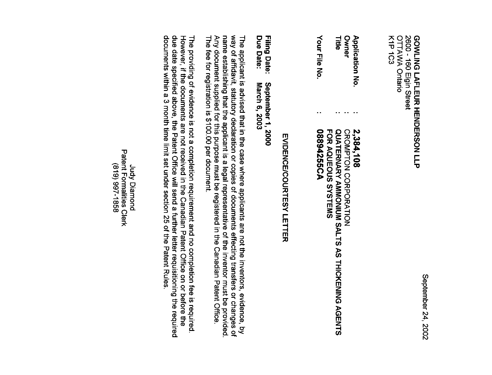 Canadian Patent Document 2384108. Correspondence 20020920. Image 1 of 1