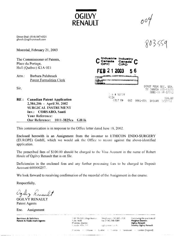 Document de brevet canadien 2384206. Cession 20030221. Image 1 de 2