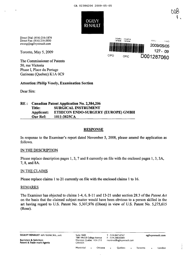 Canadian Patent Document 2384206. Prosecution-Amendment 20090505. Image 1 of 13
