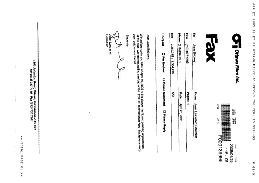 Canadian Patent Document 2384298. Correspondence 20050425. Image 1 of 1