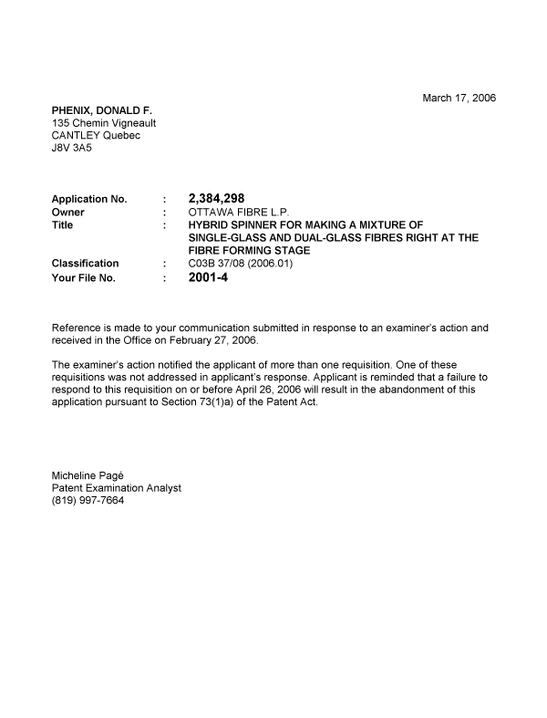 Document de brevet canadien 2384298. Correspondance 20060317. Image 1 de 1