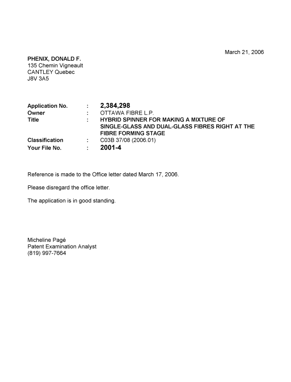 Document de brevet canadien 2384298. Correspondance 20060321. Image 1 de 1