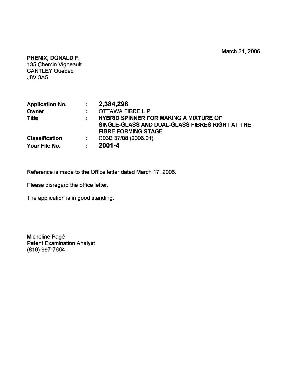 Canadian Patent Document 2384298. Correspondence 20060321. Image 1 of 1