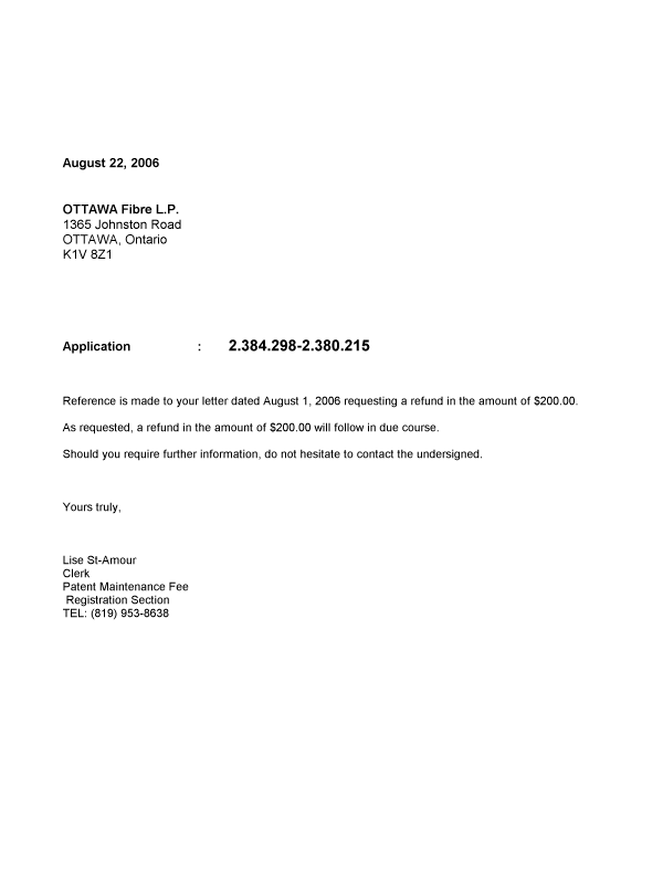 Document de brevet canadien 2384298. Correspondance 20060822. Image 1 de 1