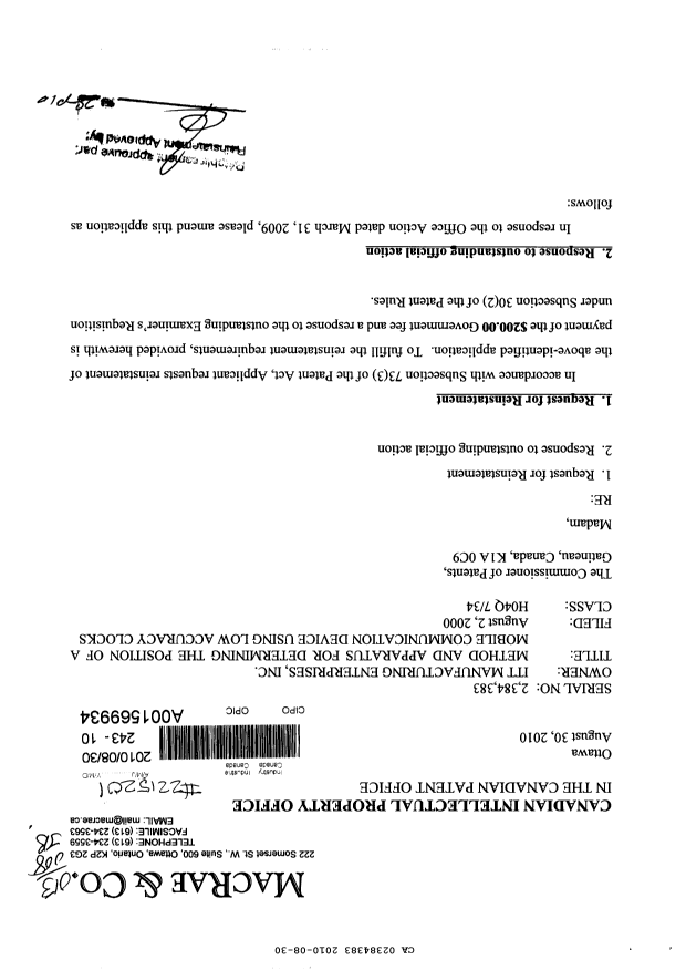 Canadian Patent Document 2384383. Prosecution-Amendment 20100830. Image 1 of 15