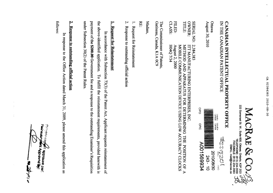 Document de brevet canadien 2384383. Poursuite-Amendment 20100830. Image 1 de 15