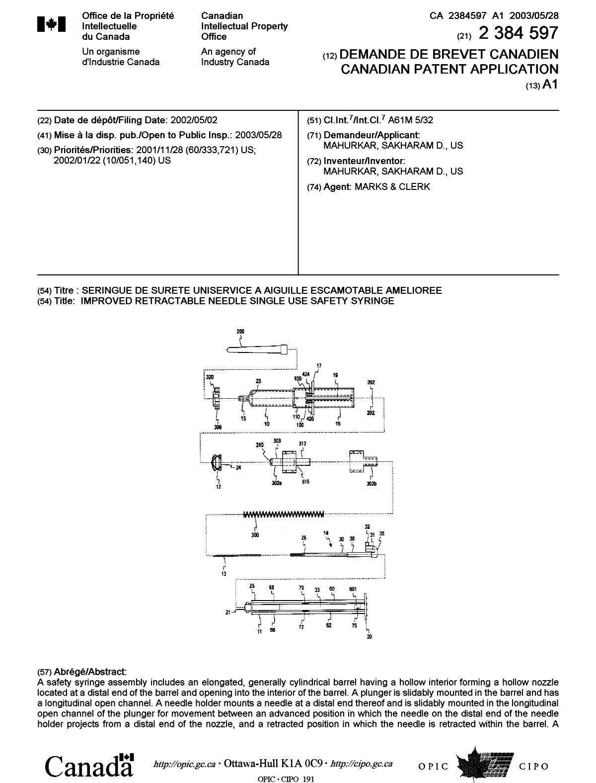 Document de brevet canadien 2384597. Page couverture 20021206. Image 1 de 2