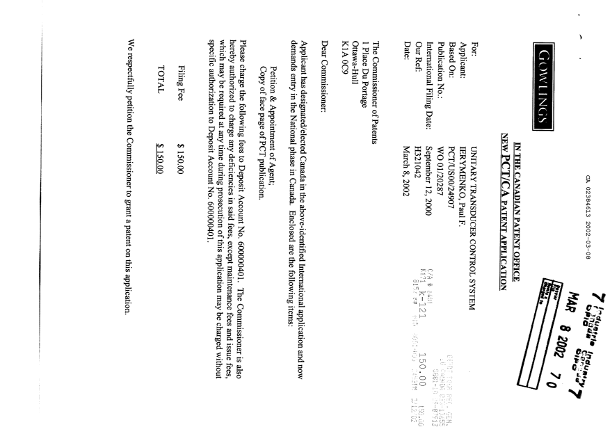 Document de brevet canadien 2384613. Cession 20020308. Image 1 de 4