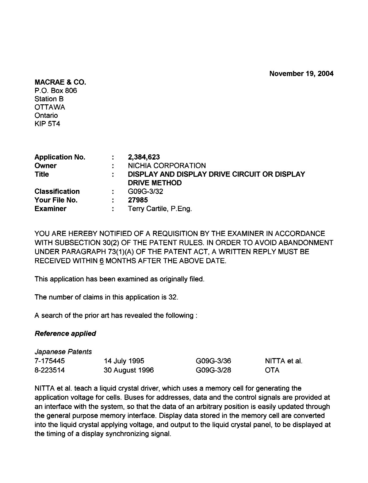 Canadian Patent Document 2384623. Prosecution-Amendment 20041119. Image 1 of 3