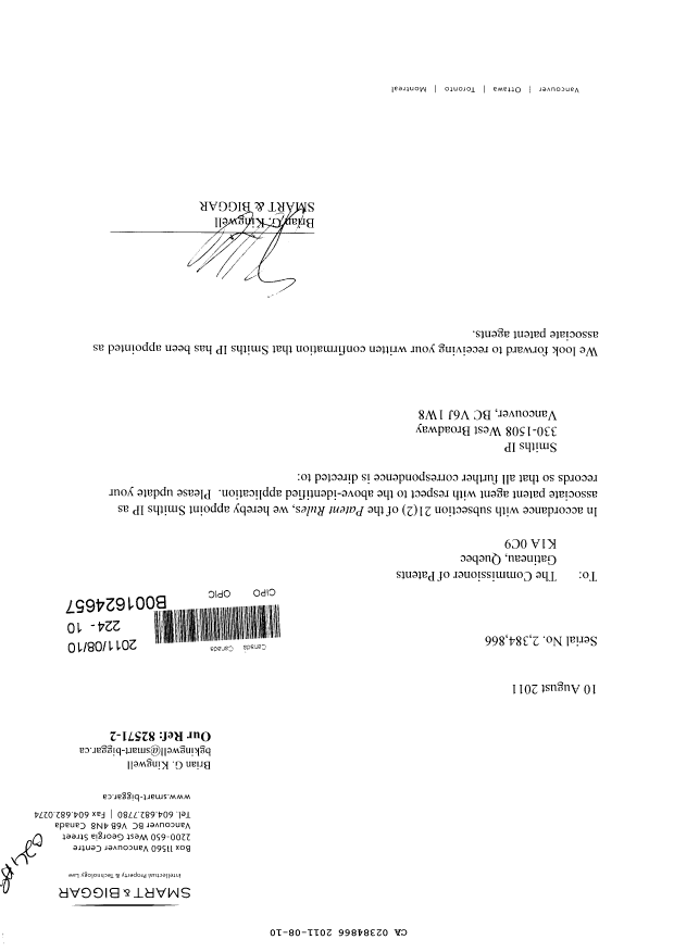 Canadian Patent Document 2384866. Correspondence 20110810. Image 1 of 1