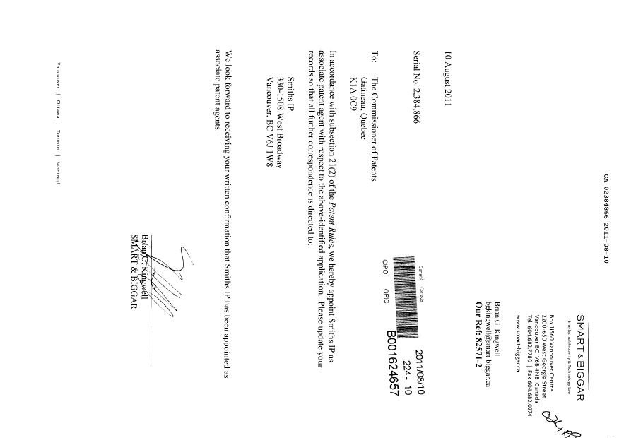 Document de brevet canadien 2384866. Correspondance 20110810. Image 1 de 1