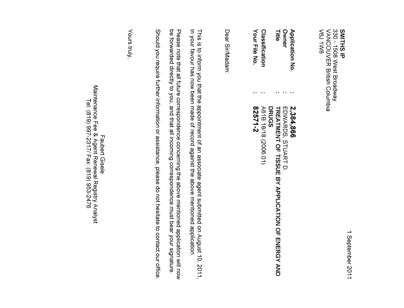 Document de brevet canadien 2384866. Correspondance 20110901. Image 1 de 1