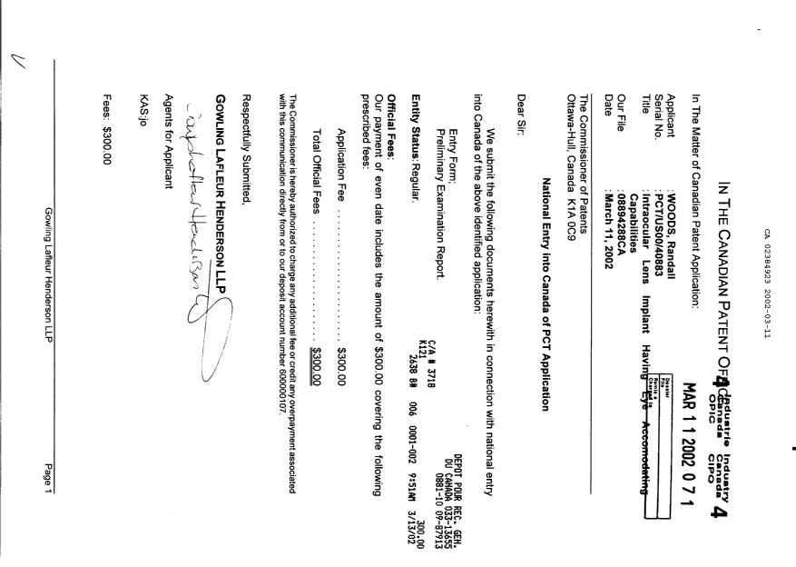 Document de brevet canadien 2384923. Cession 20020311. Image 1 de 3