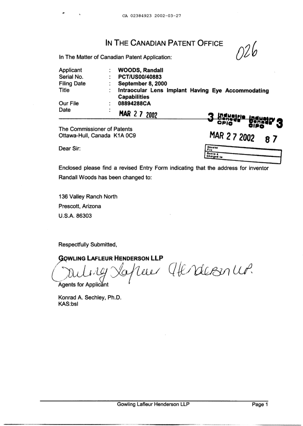 Document de brevet canadien 2384923. Correspondance 20020327. Image 1 de 3