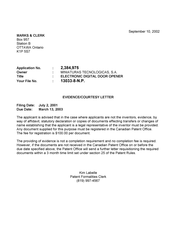 Document de brevet canadien 2384975. Correspondance 20020906. Image 1 de 1