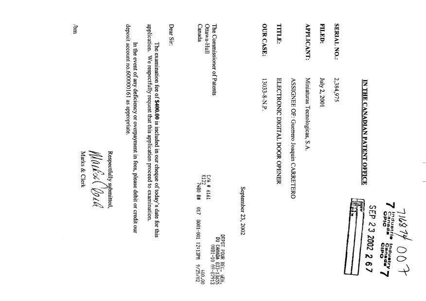 Canadian Patent Document 2384975. Prosecution-Amendment 20020923. Image 1 of 1