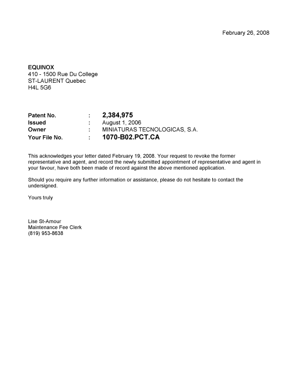 Document de brevet canadien 2384975. Correspondance 20080226. Image 1 de 1
