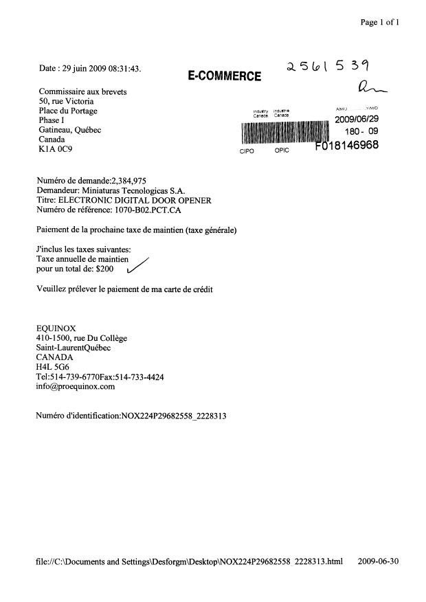 Document de brevet canadien 2384975. Taxes 20090629. Image 1 de 1