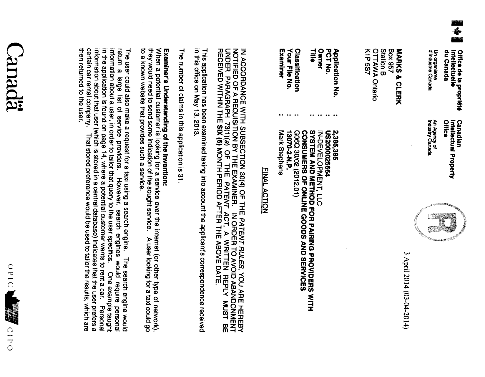 Canadian Patent Document 2385395. Prosecution-Amendment 20140403. Image 1 of 3