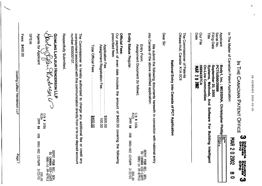 Document de brevet canadien 2385453. Cession 20020320. Image 1 de 3