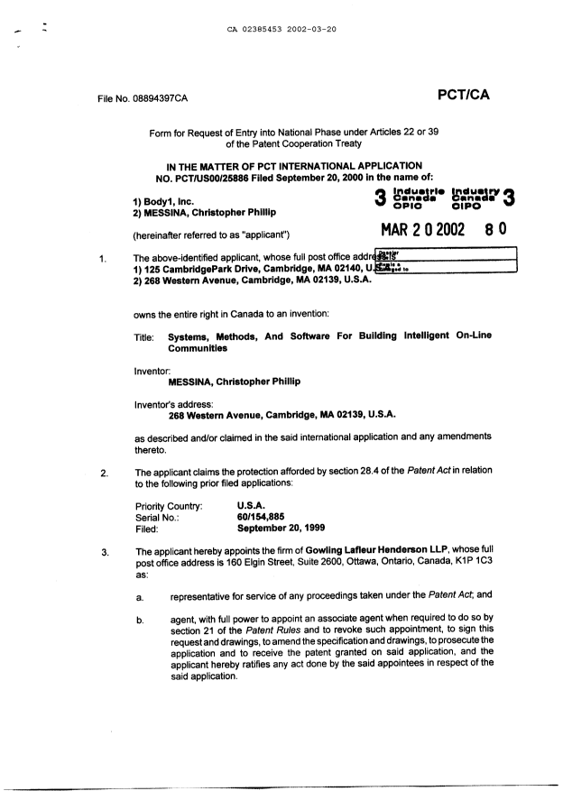 Document de brevet canadien 2385453. Cession 20020320. Image 2 de 3