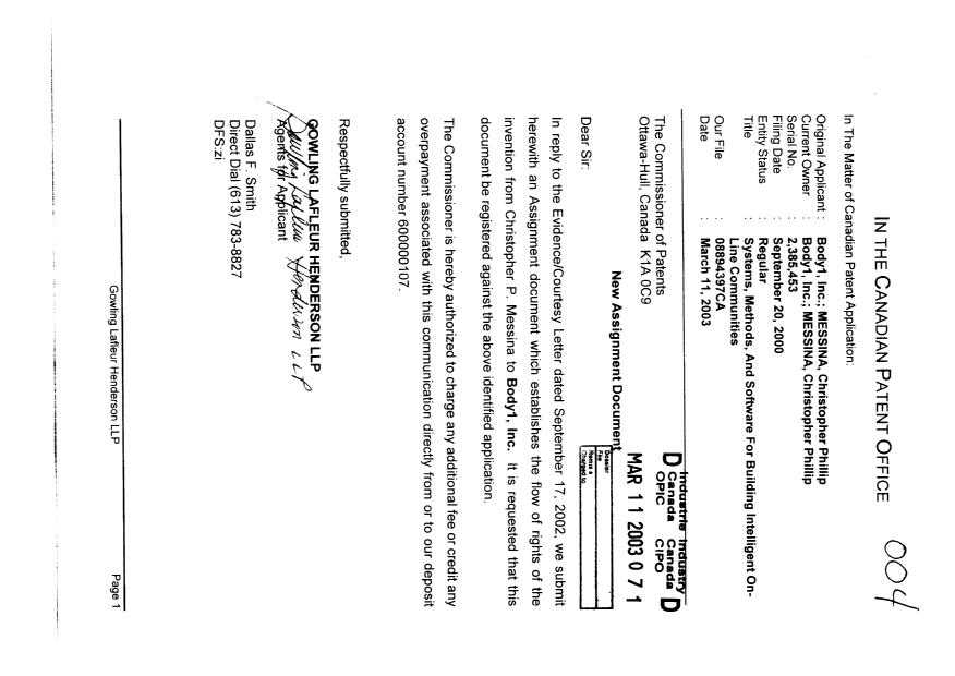 Document de brevet canadien 2385453. Cession 20030311. Image 1 de 3