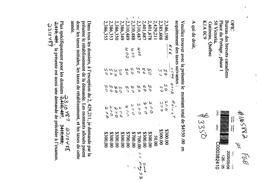 Document de brevet canadien 2385608. Taxes 20050506. Image 1 de 3