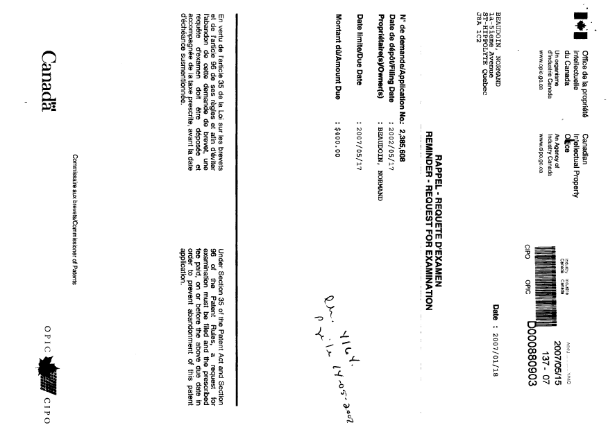 Canadian Patent Document 2385608. Prosecution-Amendment 20070515. Image 2 of 2