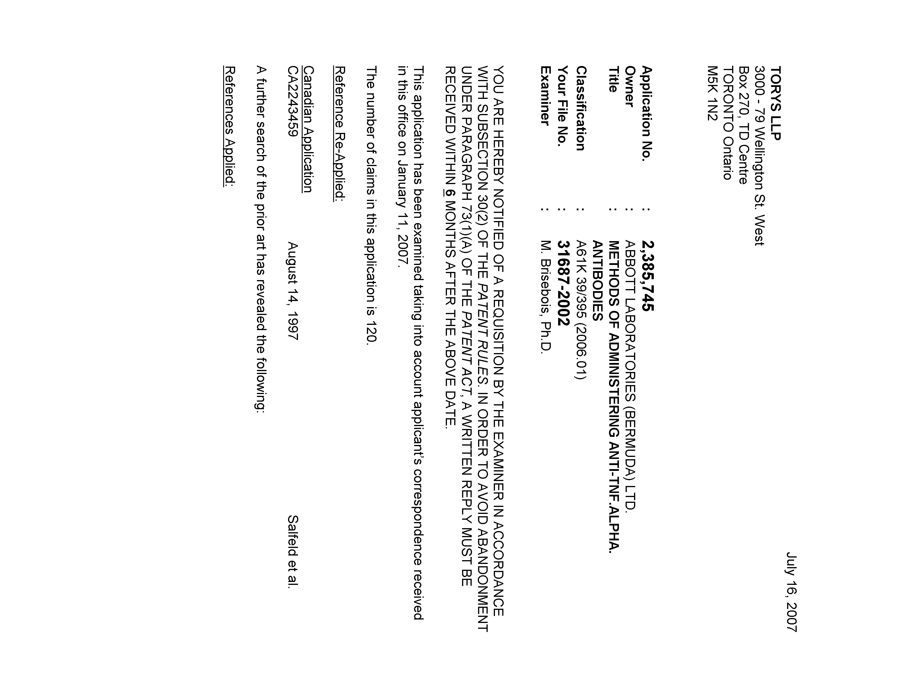 Document de brevet canadien 2385745. Poursuite-Amendment 20061216. Image 1 de 5