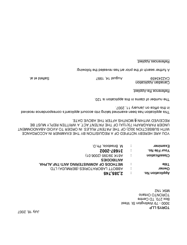 Document de brevet canadien 2385745. Poursuite-Amendment 20061216. Image 1 de 5