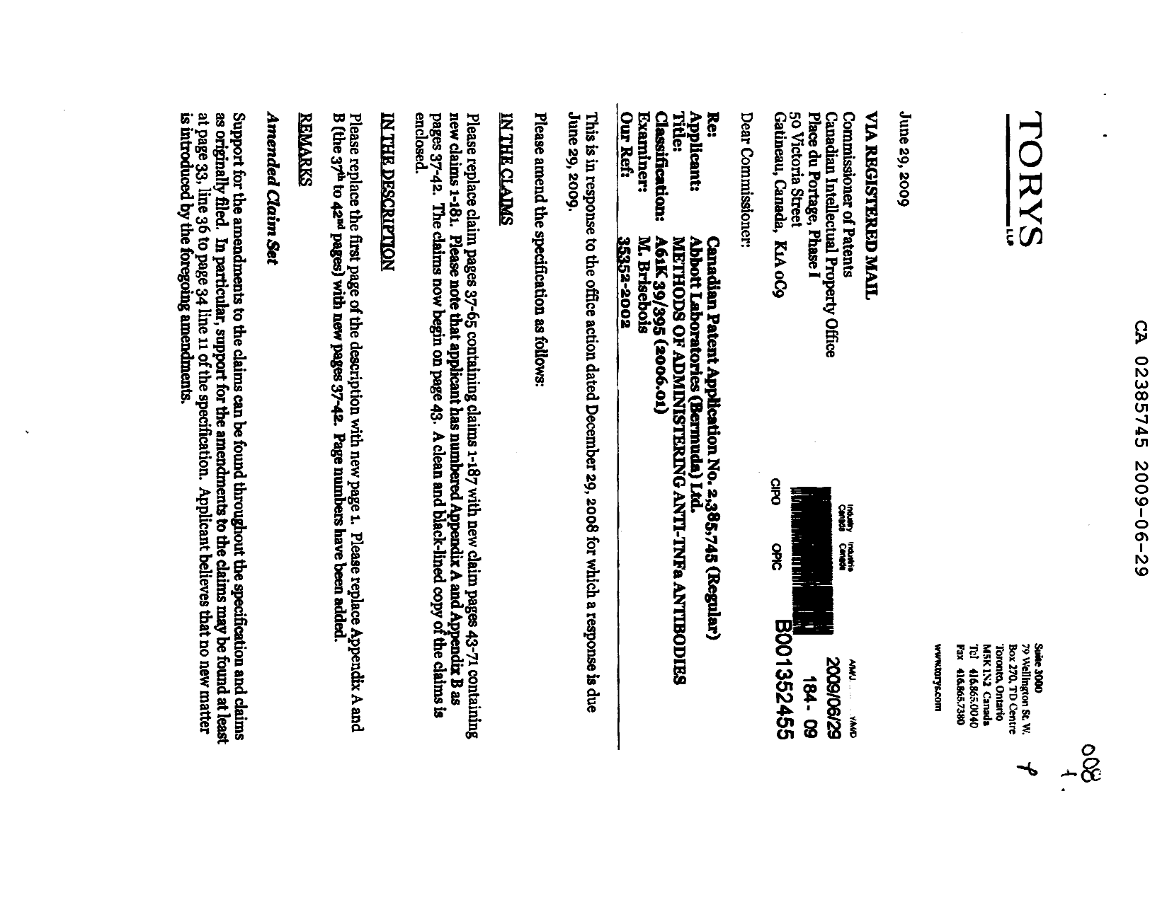 Document de brevet canadien 2385745. Poursuite-Amendment 20081229. Image 1 de 93