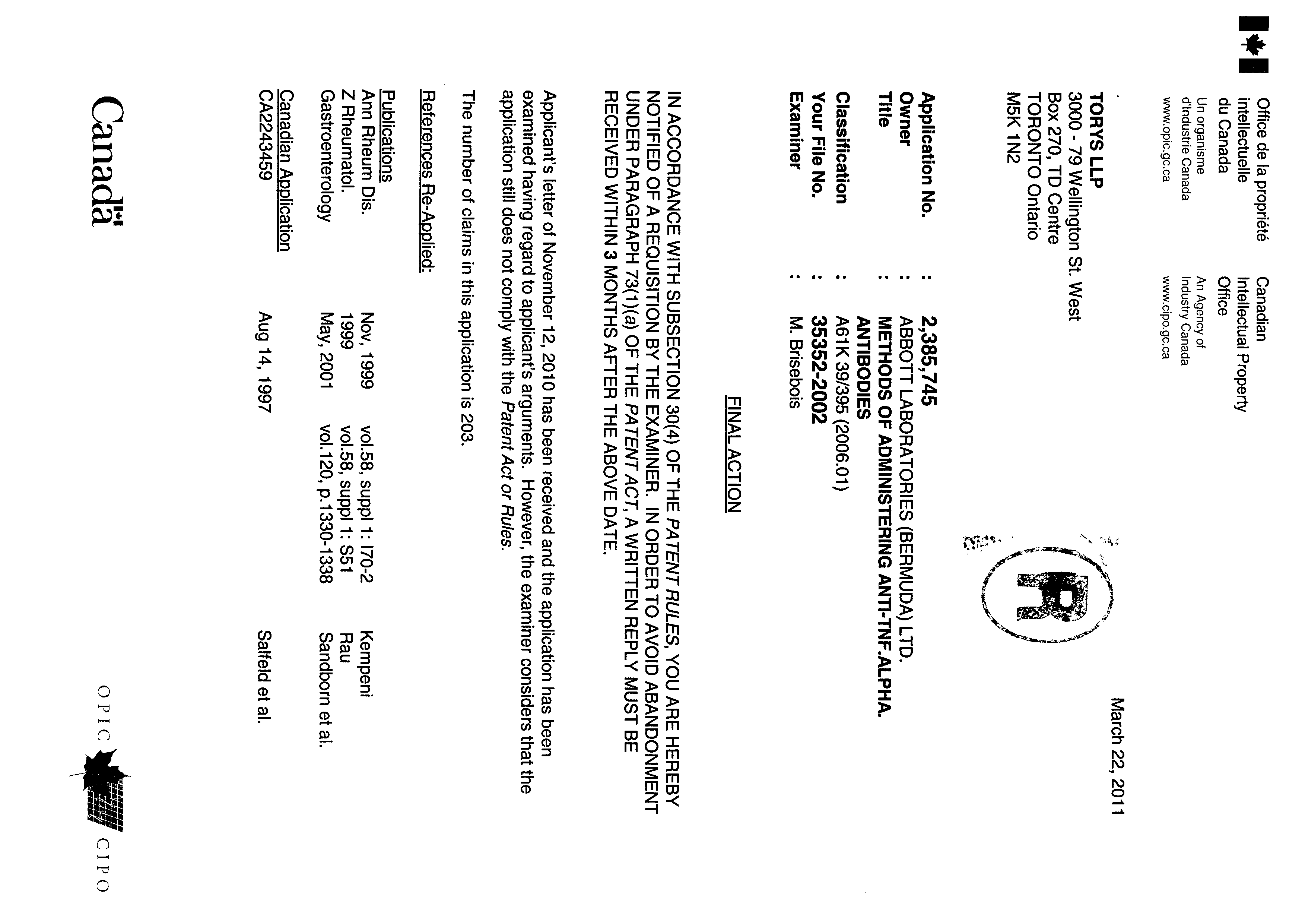Document de brevet canadien 2385745. Poursuite-Amendment 20101222. Image 1 de 16