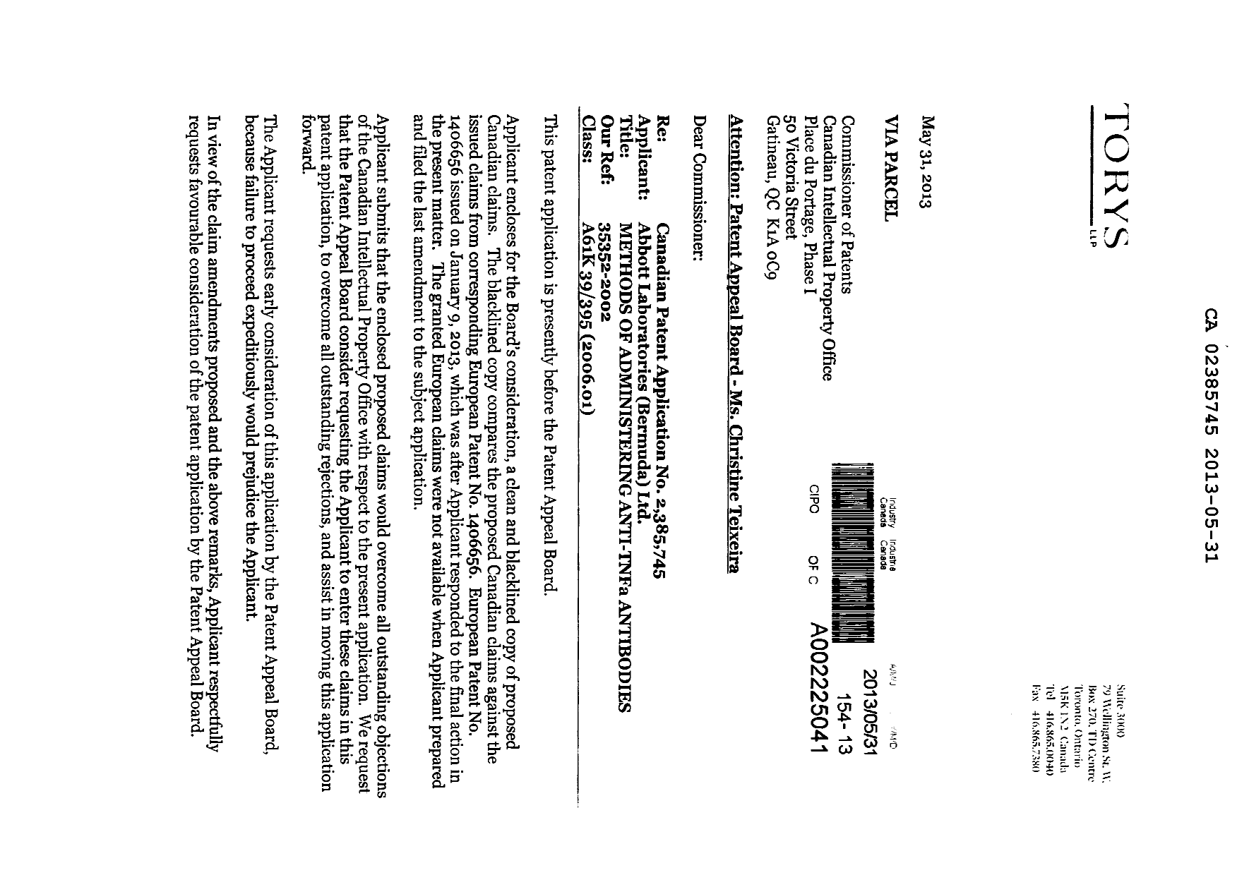 Document de brevet canadien 2385745. Poursuite-Amendment 20121231. Image 1 de 8