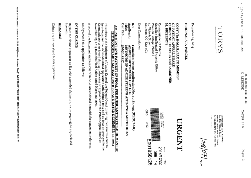 Document de brevet canadien 2385745. Poursuite-Amendment 20131222. Image 1 de 61
